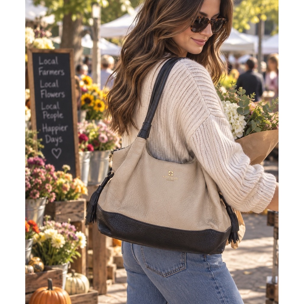 Kate Spade New York Bag Cobble Hill Tayler Pebbled Leather Hobo Tote Beige Black
